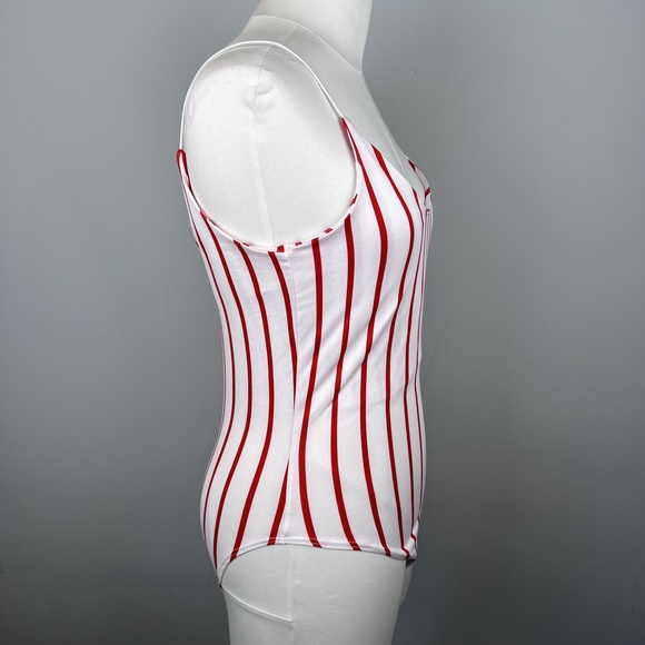 ON THRED UP - Gaze Red&White Striped Bodysuit Tank Rope Strap Double Lining - Picture 9 of 15